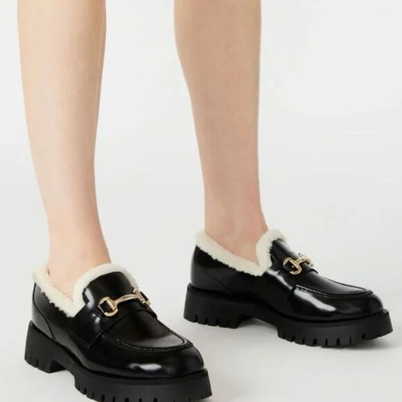 Steve Madden Slip-on Leather Platform Fur Trim Lug Loafer Black 6 - Picture 1 of 7
